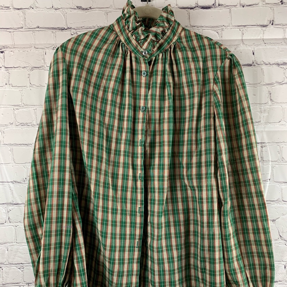 VINTAGE Blouse Button Down w/ Puff Sleeves & Ruffle Style Collar Red & Green